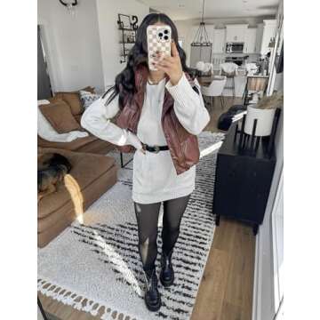 Chic UANEO Brown PU Leather Cropped Winter Vest