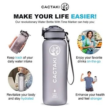 Cactaki 32 oz Water Drinking Bottle with Time Marker, Straw & Strap - Stay Hydrated - Hydration Tracker & Reminder to Drink - Daily & Hourly Measurement Markings - Leak Spill Proof & BPA Free - Grey