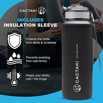 Cactaki 32 oz Water Drinking Bottle with Time Marker, Straw & Strap - Stay Hydrated - Hydration Tracker & Reminder to Drink - Daily & Hourly Measurement Markings - Leak Spill Proof & BPA Free - Grey