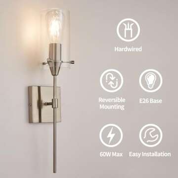 Noele Brushed Nickel Wall Sconces, Wall Sconces Set of 2 Modern Industrial Vanity Lighting Fixtures, Wall Lights for Bathroom Farmhouse Vanity Lights with Clear Glass Shades (Bulb not Included)