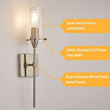 Noele Brushed Nickel Wall Sconces, Wall Sconces Set of 2 Modern Industrial Vanity Lighting Fixtures, Wall Lights for Bathroom Farmhouse Vanity Lights with Clear Glass Shades (Bulb not Included)