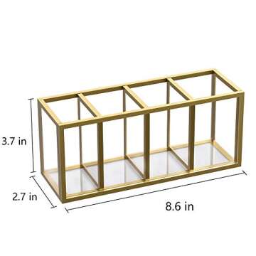 NIUBEE Acrylic Pen Holder 4 Compartments, Gold Copper Border Pencil Organizer Cup for Countertop Des...