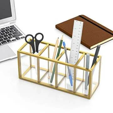 NIUBEE Acrylic Pen Holder 4 Compartments, Gold Copper Border Pencil Organizer Cup for Countertop Desk Accessory Storage