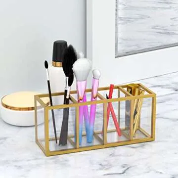 NIUBEE Acrylic Pen Holder 4 Compartments, Gold Copper Border Pencil Organizer Cup for Countertop Desk Accessory Storage