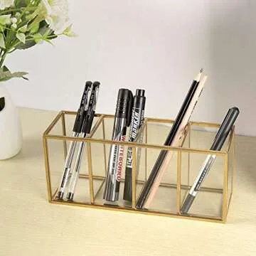 NIUBEE Acrylic Pen Holder 4 Compartments, Gold Copper Border Pencil Organizer Cup for Countertop Desk Accessory Storage
