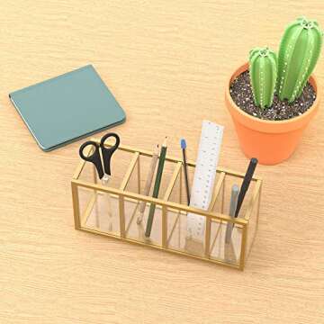NIUBEE Acrylic Pen Holder 4 Compartments, Gold Copper Border Pencil Organizer Cup for Countertop Desk Accessory Storage
