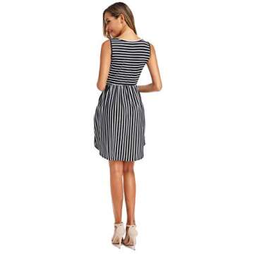 INWECH Women's Summer Sleeveless Dresses Casual Striped Swing T-Shirt Dress with Pockets (Black, Small)