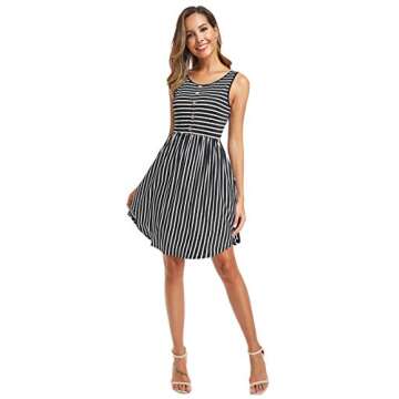 INWECH Women's Summer Sleeveless Dresses Casual Striped Swing T-Shirt Dress with Pockets (Black, Small)