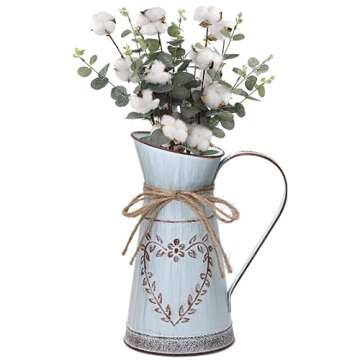 Yoillione Metal Vase, Light Blue Jug Vase with Handle, Rustic Flower Vase for Home Garden Decor, Small Tin Vase for Wedding