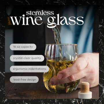 Dragon Glassware Stemless Wine Glasses - 16 oz Clear Short Wine Glasses Set of 2 with Finger Indenta...
