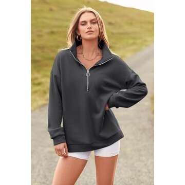 PRETTYGARDEN Women's Causal 1/4 Zip Pullover Long Sleeve Collar Sweatshirts Solid Activewear Running Jacket (Dark Grey,X-Large)