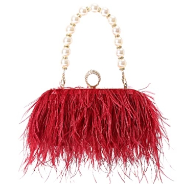 Women Ostrich Feather Evening Bags Purses Clutch Vintage Banquet Handbag (burgundy)