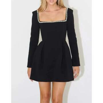 YEXPINE Women's Long Sleeve Mini Dress Pearl Square Neck Ruffle Hem Short Dress Bride Party Club Elegant Dresses Black