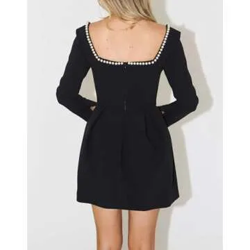 YEXPINE Women's Long Sleeve Mini Dress Pearl Square Neck Ruffle Hem Short Dress Bride Party Club Elegant Dresses Black