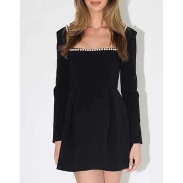 YEXPINE Women's Long Sleeve Mini Dress Pearl Square Neck Ruffle Hem Short Dress Bride Party Club Elegant Dresses Black