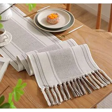 Caflife Boho Table Runner Natural Stripe for Modern Farmhouse Coffee Table Decor, Rustic Woven Runner with Handcrafted Tassels for Home Dining Table décor 13 x 72 Inch Long