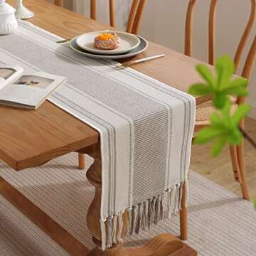Caflife Boho Table Runner Natural Stripe for Modern Farmhouse Coffee Table Decor, Rustic Woven Runner with Handcrafted Tassels for Home Dining Table décor 13 x 72 Inch Long