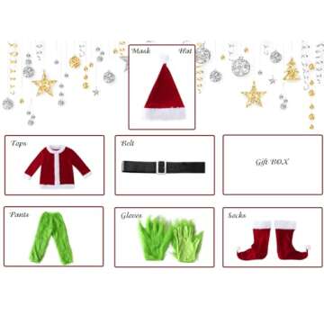 Hefnoya Christmas Green Big Monster Costume -8pcs Furry Santa Costume Suit Furry Outfit Green Costume Adult Men and Women (L/XL)