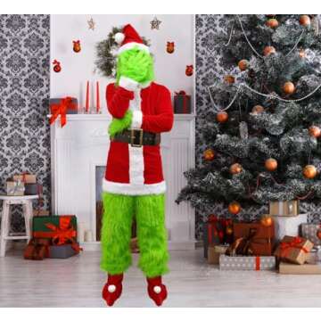 Hefnoya Christmas Green Big Monster Costume -8pcs Furry Santa Costume Suit Furry Outfit Green Costume Adult Men and Women (L/XL)