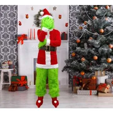 Hefnoya Christmas Green Big Monster Costume -8pcs Furry Santa Costume Suit Furry Outfit Green Costume Adult Men and Women (L/XL)