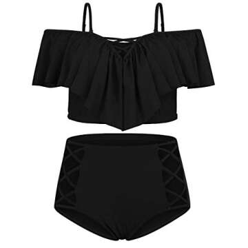 Sovoyontee Women Black Plus Size Ruffle Flounced High Waisted Swimsuits Swimwear 3XL 18