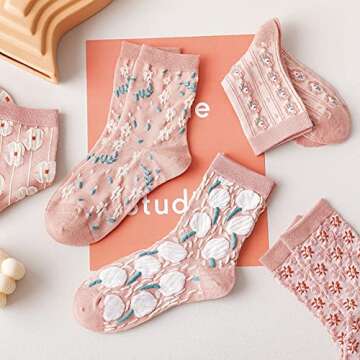 Xhonp 5 Pairs Floral Cotton Socks Vintage Patterned Crew Socks Novelty Ankle Casual Dress Socks for Women Socks (B)