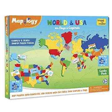 Imagimake Mapology USA & World Map Puzzle with Flags, Capitals, Stickers | Educational Toys for Ages 5-7 | Jigsaw Puzzles for Kids Ages 8-10 | Geography Toys for Ages 8-13 | 6 Year Old Boy/Girl Gifts