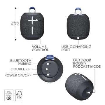 Ultimate Ears WONDERBOOM 4 Portable Waterproof Bluetooth Speaker with Big Bass and 360-Degree Sound, Dustproof Floating Speaker with 131ft (40m) Range - Black