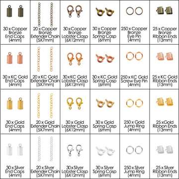 Jewelry Making Supplies - 1540Pcs Jewelry Findings Kit Extended Chain with Lobster Clasp Spring Clasp End Caps Jump Ring Ribbon Ends for Necklace DIY Making