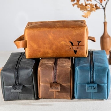 Hand Crafted Leather Toiletry Bag for Men, Laser Engraved Monogrammed Leather Bag for Men, Personali...