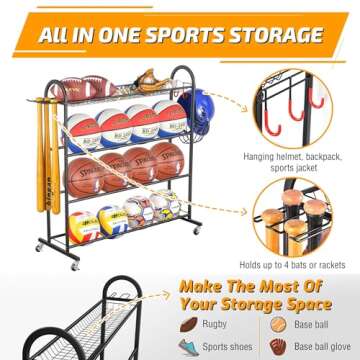 PLKOW Rolling Sports Equipment Storage Rack with Wheels