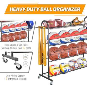 PLKOW Rolling Sports Equipment Storage Rack with Wheels