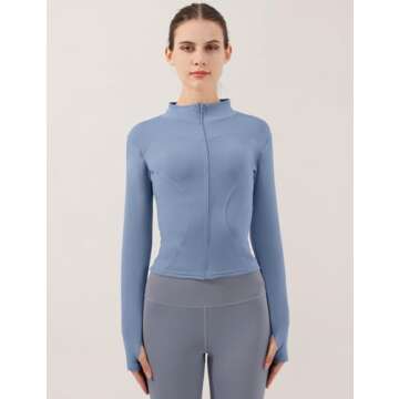 Locachy Women's Lightweight Stretchy Workout Full Zip Running Track Jacket with Thumb Holes Light Bl...