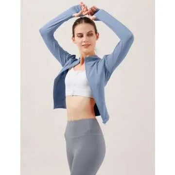 Locachy Women's Lightweight Stretchy Workout Full Zip Running Track Jacket with Thumb Holes Light Blue M