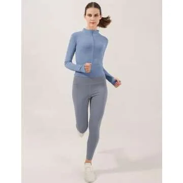 Locachy Women's Lightweight Stretchy Workout Full Zip Running Track Jacket with Thumb Holes Light Blue M
