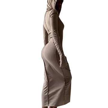 LuFeng Women's Sexy Long Sleeve Bodycon Solid Hoodie Patchwork High Waist Long Dress Coffee