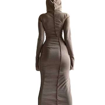 LuFeng Women's Sexy Long Sleeve Bodycon Solid Hoodie Patchwork High Waist Long Dress Coffee