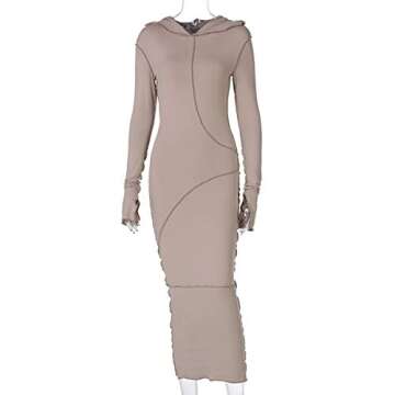 LuFeng Women's Sexy Long Sleeve Bodycon Solid Hoodie Patchwork High Waist Long Dress Coffee