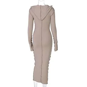 LuFeng Women's Sexy Long Sleeve Bodycon Solid Hoodie Patchwork High Waist Long Dress Coffee