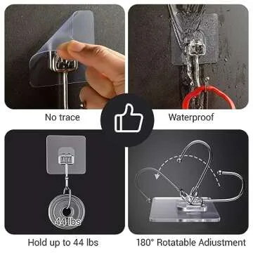 LGDNNYYY Large Adhesive Hooks, 18-Pack Hold 44lb(Max) Heavy Duty Sticky Hooks,Waterproof & Rustproof Wall Hooks for Hanging Can be Use Kitchen Bathroom Outdoor Ceiling Office, Transparent