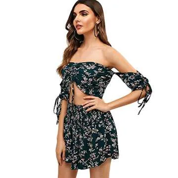 Stylish ZAFUL Floral Off Shoulder Crop Top & Shorts Set