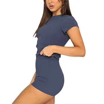 RUEWEY Women's 2 Piece Tracksuits Short Sleeve Crewneck Crop Tops High Waist Shorts Sets Yoga Outfits Y2k Streetwear (Blue, M)