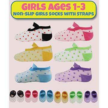 Tiny Captain Baby Toddler Girls Grip Socks 1-3 Year Old Anti Slip w/Strap Socks 1 Year old Girl Gift(as1, age, 1_year, 3_years, Rainbow - 6 Pairs)