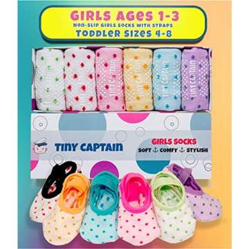 Tiny Captain Baby Toddler Girls Grip Socks 1-3 Year Old Anti Slip w/Strap Socks 1 Year old Girl Gift(as1, age, 1_year, 3_years, Rainbow - 6 Pairs)