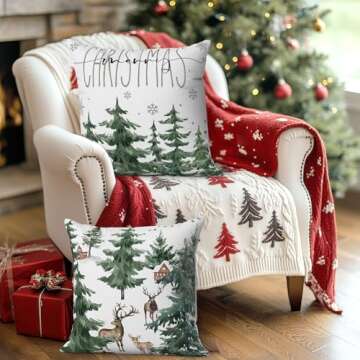 Mocsicka Christmas Pine Tree Pillow Covers 18×18 Inch, Winter Snow Forest Deer Throw Pillow Covers Winter Christmas Farmhouse Cushion Case for Sofa Couch Bed Home Decorations Set of 2
