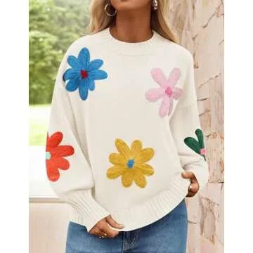 ZESICA Women's Long Puff Sleeve Sweaters Casual Crewneck Ribbed Knit Flower Color Block Loose Pullover Tops,Ivory,Large