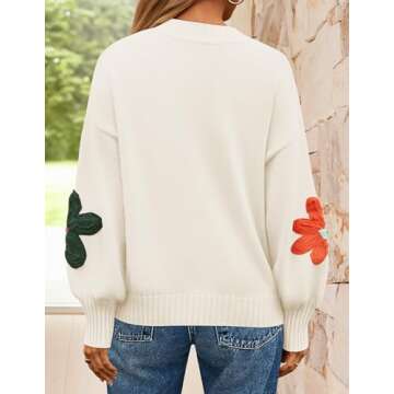 ZESICA Women's Long Puff Sleeve Sweaters Casual Crewneck Ribbed Knit Flower Color Block Loose Pullover Tops,Ivory,Large