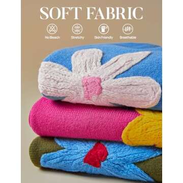 ZESICA Women's Long Puff Sleeve Sweaters Casual Crewneck Ribbed Knit Flower Color Block Loose Pullover Tops,Ivory,Large