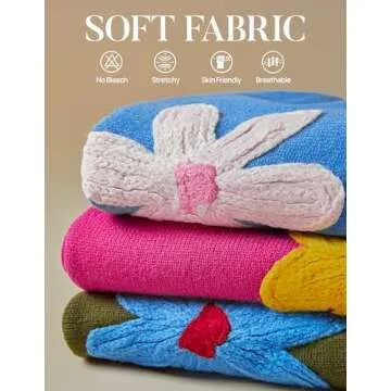 ZESICA Women's Long Puff Sleeve Sweaters Casual Crewneck Ribbed Knit Flower Color Block Loose Pullover Tops,Ivory,Large