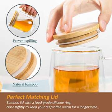 Glass Coffee & Tea Cup Mug with Wooden Lid, Double Wall Borosilicate Glass Latte Espresso Mug with I...